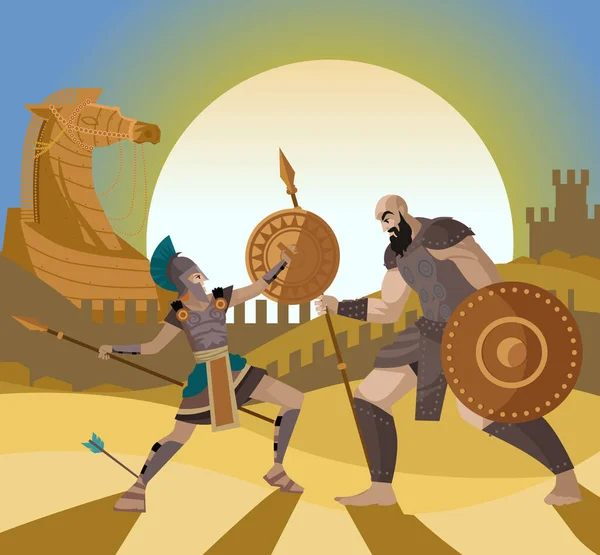 Trojanische Pferdeszene Und Achilles Kampf Gegen Einen Krieger — Stockvektor