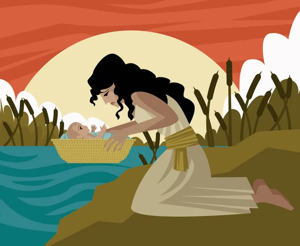 Bebek Bir Sepetin Içinde Musa Anne Nehirde Eski Ahit Masalında — Stok Vektör