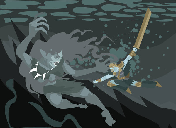 beowulf сражается с матерью grendel ogre под водой