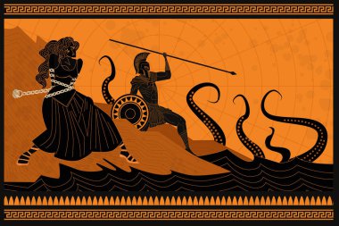 Andromeda bir kayaya zincirlenmiş ve Perseus deniz canavarı Kraken ile dövüşüyor.