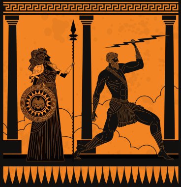 Yunan portakal ve siyah amforo çizimi Athena ve Zeus