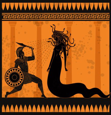 Perseus 'un Medusa ile savaştığı portakal ve siyah çömlek tablosu