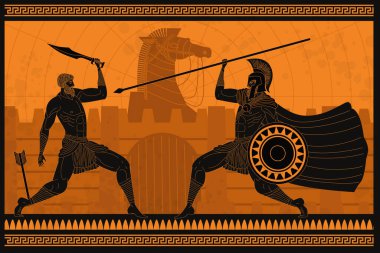 orange and black figures pottery amphora painting of troy war with achilles fighting clipart