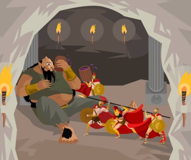 Odysseus and soldiers blinding polyphemus giant cyclops tale clipart