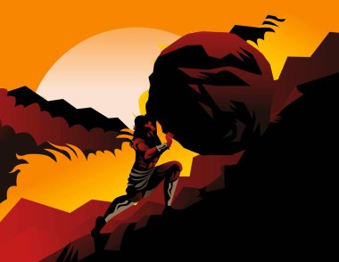 Sisyphus Yunan efsanesi dağda bir kaya yuvarlıyor