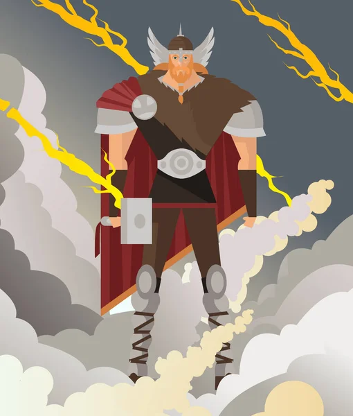 Escandinava Mitología Nórdica Thor Fuerte Dios Del Trueno Con Martillo — Vector de stock