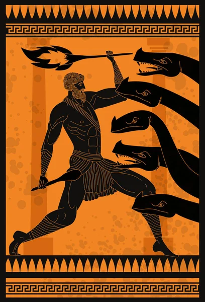 Cerámica Negra Naranja Con Hercules Luchando Contra Hidra — Vector de stock