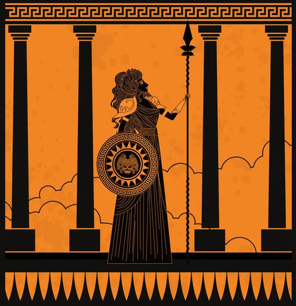 Grieks Oranje Zwart Amforen Tekening Van Athena — Stockvector