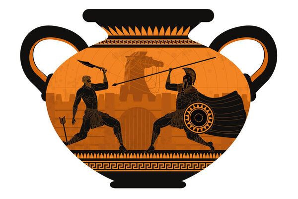 orange and black figures pottery amphora painting of troy war with achilles fighting