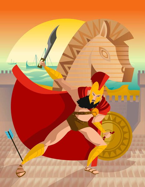 troy war wooden trap horse and trojan soldier behind the city walls