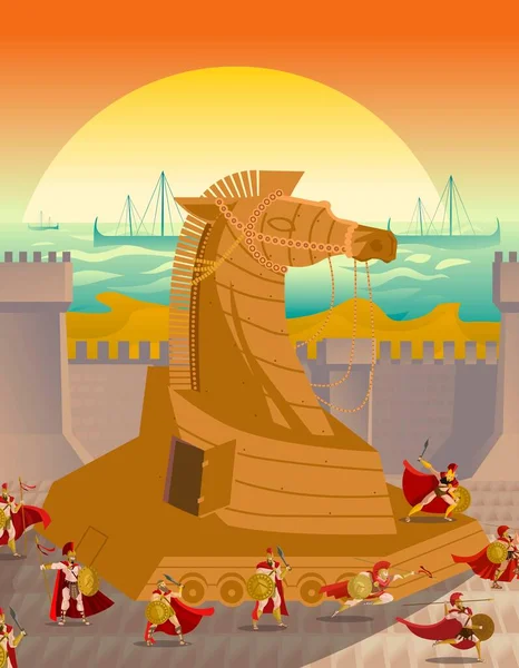 Troy Guerra Armadilha Madeira Cavalo Trojan Soldado Atrás Das Muralhas — Vetor de Stock