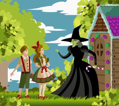 Hansel, Gretel ve şekerli kötü cadı.