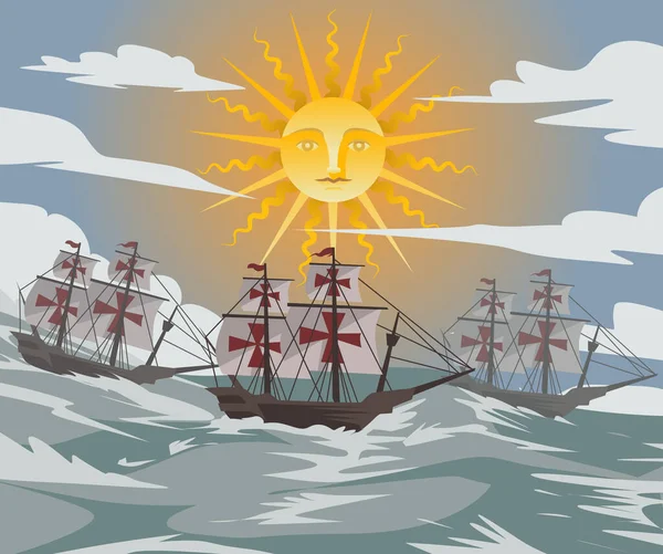 Drei Kolumbus-Karavellen auf dem Weg nach Amerika — Stockillustration Drei Kolumbus Karavellen Auf Dem Weg Nach Amerika — Stockvektor