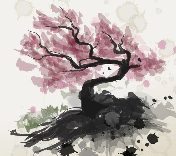 Japonés Acuarela Estilo Sumi Árbol — Vector de stock