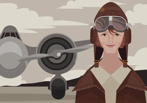 Kvinnlig Flygare Med Flygplan — Stock vektor