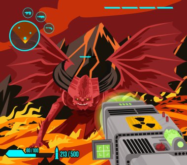 first person shooter videogame aiming nuclear weapon to a devil monster in hell  clipart