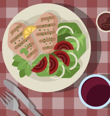 Kızarmış tavuk, marul, domates, soğan, havuç ve salata.