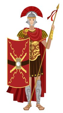 Romalı asker yüzbaşı kalkan ve mızraklı Praetorian savaşçısı