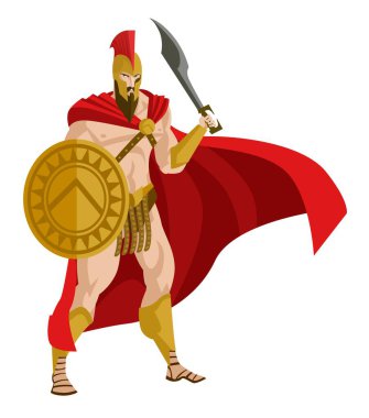 Kalkanı ve kılıcı olan güçlü Spartalı savaşçı.
