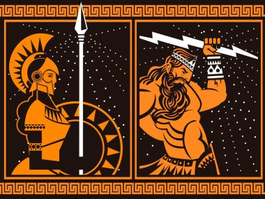 athena minerva and jupiter zeus with ray orange and black vintage painting clipart