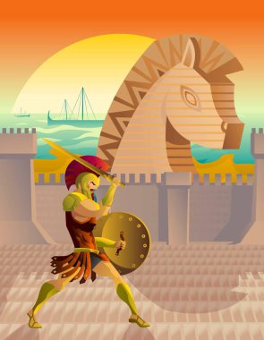 troy war wooden trap horse and trojan soldier behind the city walls clipart