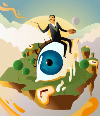 great surrealism painter salvador dali on big floating eye in island with clocks clipart