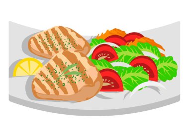 Kızarmış tavuk, marul, domates, soğan, havuç ve salata.