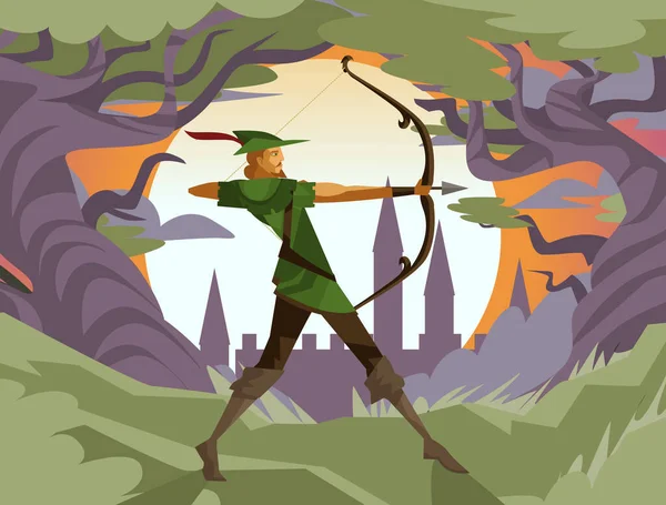 Robin Hood Ranger Archer Aiming — Stock Vector