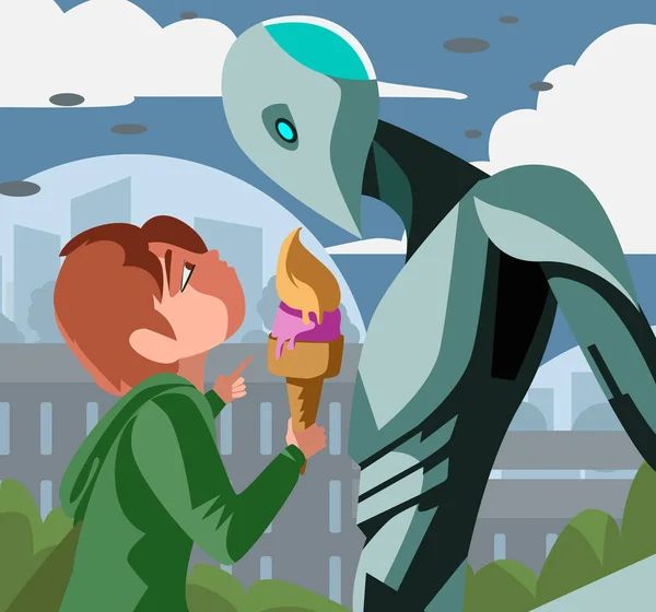 Robot Science Fiction Garçon Avec Crème Glacée — Image vectorielle