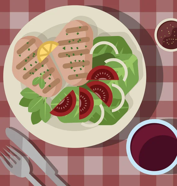 Kızarmış tavuk, marul, domates, soğan, havuç ve salata.