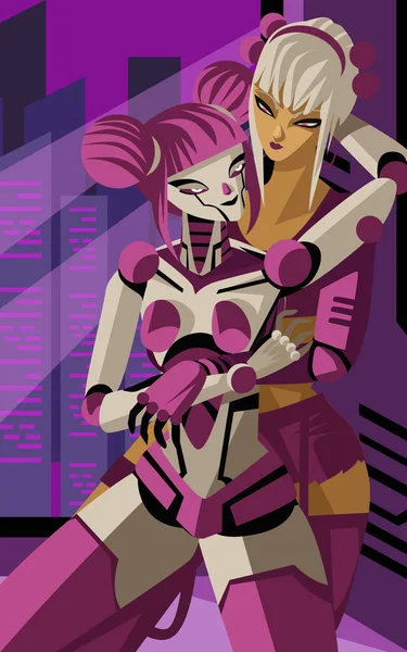 Cyberpunk Science Fiction Woman Female Robot Sensual Couple — стоковый вектор