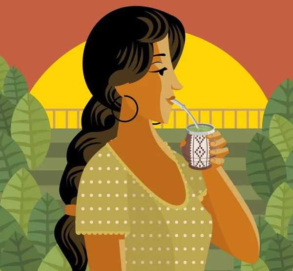 Femme Avec Thé Chaud Yerba Mate — Image vectorielle