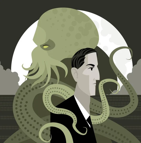 Lovecraft Escritor Malvado Cthulthu Oscuro Pulpo Monstruos — Vector de stock