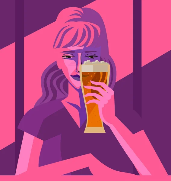 Donna Che Beve Birra Nel Pub — Vettoriale Stock
