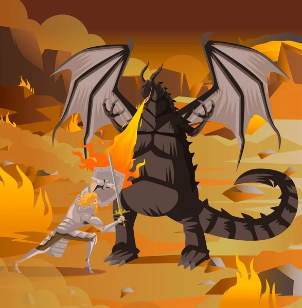 Héros Chevalier Combattant Dragon Noir Dans Feu — Image vectorielle