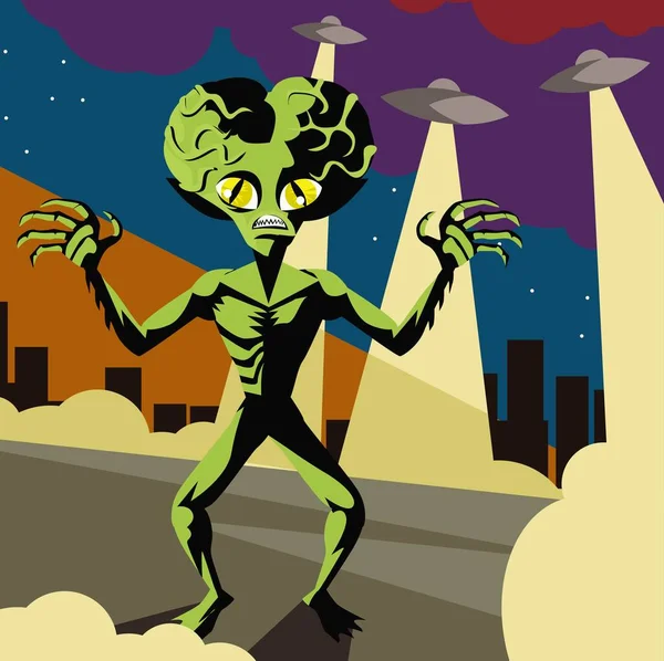 Malvado Vintage Alien Espacio Invasor Platillos Voladores Ufo Naves — Vector de stock