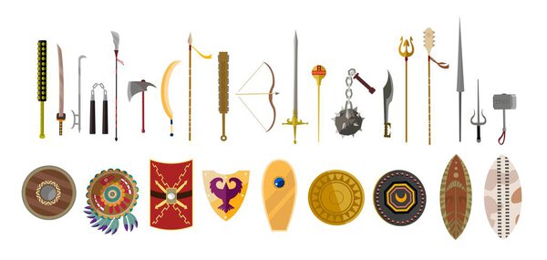 videogame weapons helmets spears bow and shields icons