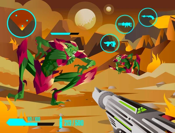 Videospel Första Person Shooter Fps Med Demoner Monster Och Kärnvapen — Stock vektor