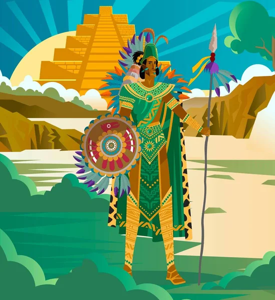 Rey Sacerdote Azteca Con Lanza Escudo — Archivo Imágenes Vectoriales