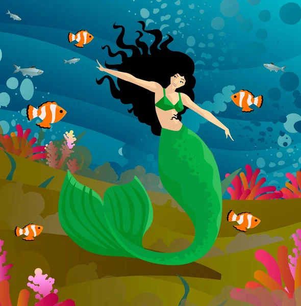 Niedliche Schöne Meerjungfrau Mädchen Mit Einem Fischschwanz — Stockvektor
