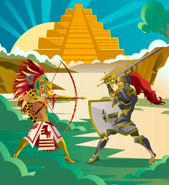 Cavaleiro Europeu Lutando Contra Guerreiro Azteca — Vetor de Stock