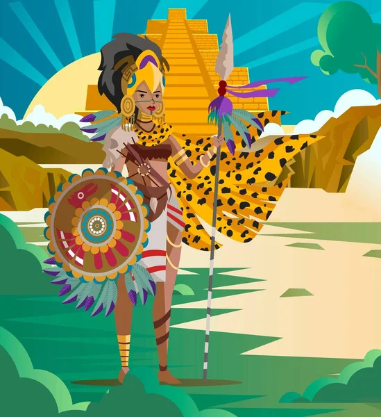 Guerrera Jaguar Azteca Cerca Templo Pirámide Lago — Archivo Imágenes Vectoriales