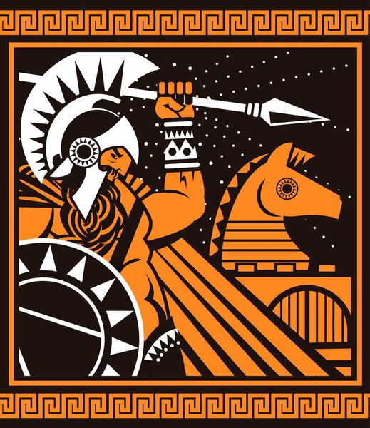 orange and black figures pottery amphora painting of troy war with achilles fighting