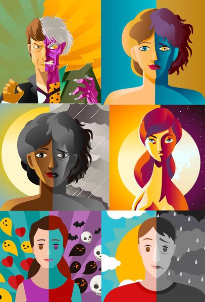 раздвоение лица биполярное расстройство личности грустная и счастливая женщина на солнце и облачное небо бури