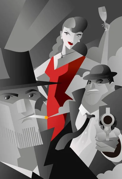 ノワールパルプ黒と白のマフィアのギャング私立探偵と赤のドレスセクシーな女性のポスター — ストックベクタ