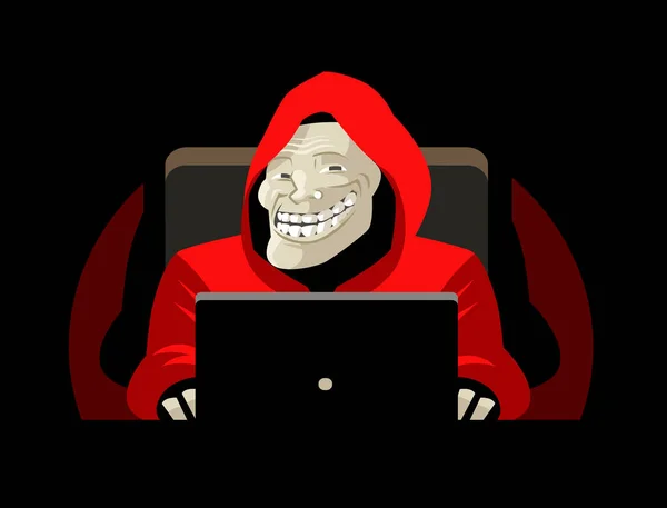 Sorriso Volto Troll Utilizzando Computer — Vettoriale Stock