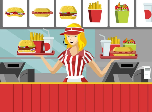 Fast Food Restaurant Serveerster Wonen Orders — Stockvector