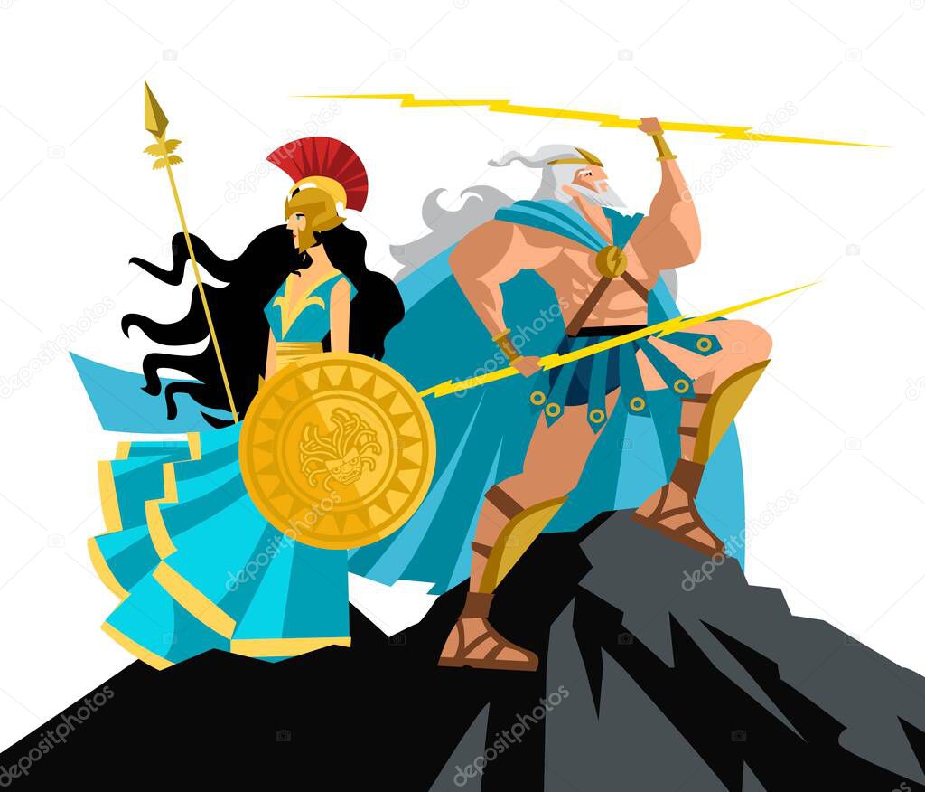 zeus jupiter and palas athena minerva greek roman mythology god of the ray and goddess of the wisdom