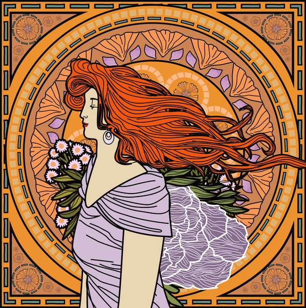 Vintage Art Nouveau Redhead Pretty Woman Poster — Stock Vector