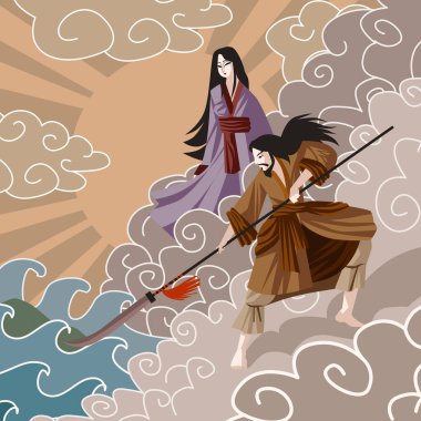 Izanagi ve Izanami Asya mitolojisi shinto tanrı ve tanrıça bir ada yaratıyor.